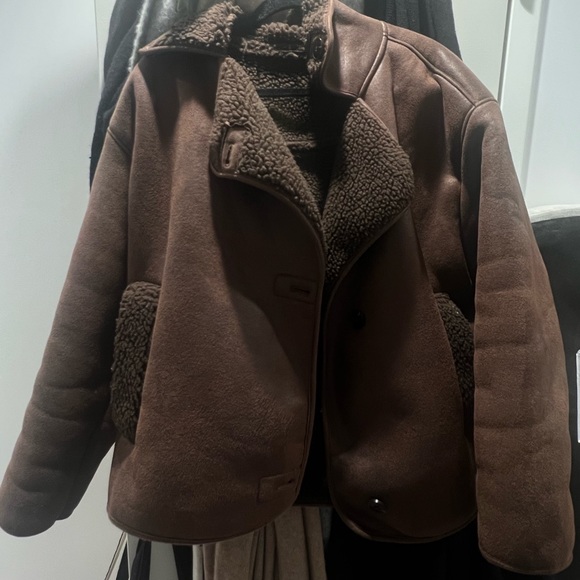 Relaxed Faux Leather Suede Double Faced Jacket with Shearling Lining, Brown - Picture 2 of 2